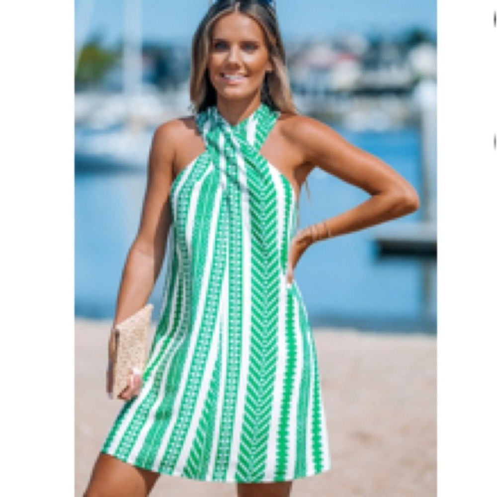 Cupshe Green and White Halter Dress